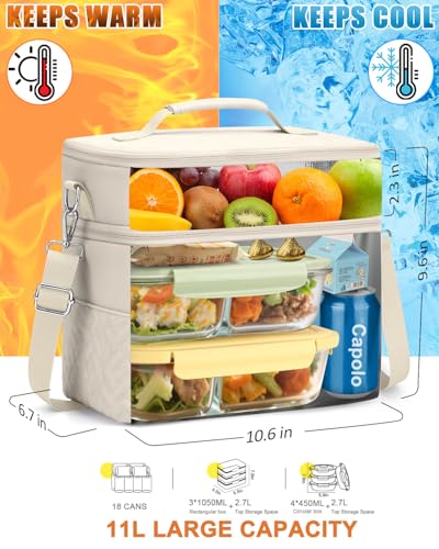 Capolo Lunch Box for Women Men Adults,Double Deck Insulated Lunch Bag Leakproof Lunch Cooler Box with Removable Strap Lunch Tote Bags Reusable Thermal Lunchbox for School Work Picnic(Large,Beige) - color: Beige, size: Large