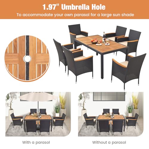 HAPPYGRILL 7 Pieces Outdoor Dining Set, Patio Conversation Set with Umbrella Hole, Acacia Wood Tabletop & Seat Cushions, Dining Table with 6 Rattan Wicker Chairs for Backyard Poolside Deck - color: Black & Beige
