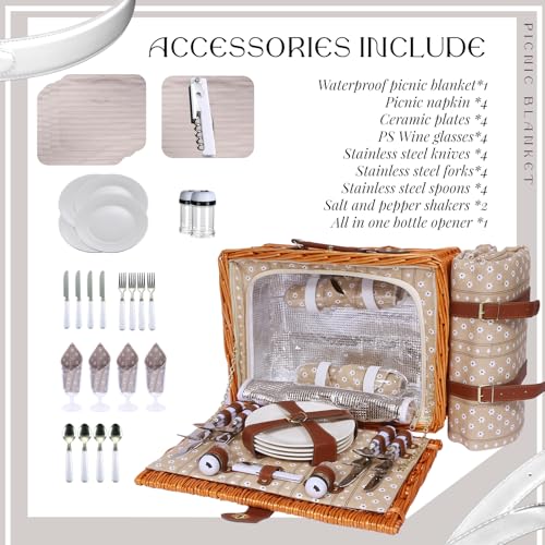 Picnic Basket Set for 4 with Waterproof Blanket Mat Insulation Bag Wicker Floral Brown Classic Fresh for Christmas Thanksgiving Wedding Birthday Camp Outdoor Beach Travel - color: Brown and White Flower