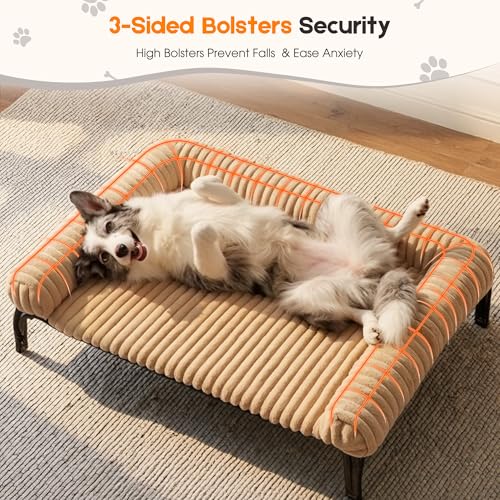 Elevated Dog Bed with Removable Fluffy Pillow Cushion, Raised Pet Cot Washable Bolster, Dog Couch Sofa, Anti Slip Feet, Breathable Mesh, Khaki, 43"×32" - color: khaki, size: L(43"×32"×8")