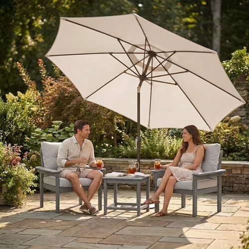 Kingdura 9FT Outdoor Patio Umbrella, Market Table Umbrella with Push Button Tilt and Crank, 8 Sturdy Fiberglass Ribs, UV Protection for Pool, Lawn, Deck, Backyard, Garden (Beige) - color: Beige, size: 9 Ft