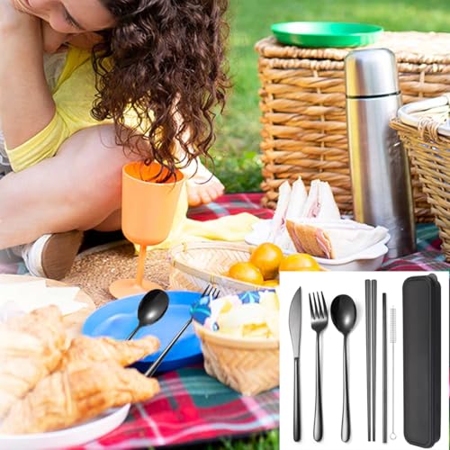 AARAINBOW 6 Pieces 18/8 Stainless Steel Flatware Set Portable Reusable Cutlery Set Travel Utensils Set Including Chopsticks Knife Fork Spoon Straws Cleaning Brush Dishwasher Safe (Black) - color: Black