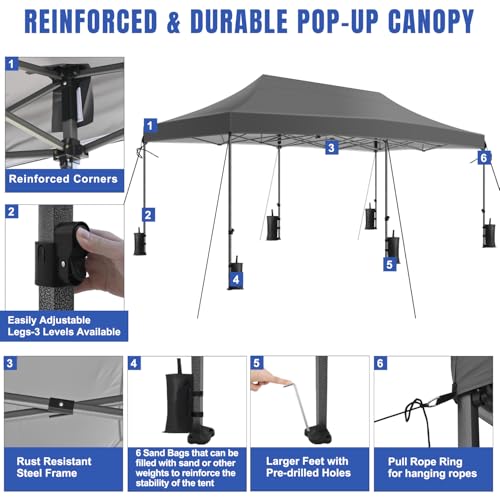Yesker 10x20 Pop Up Canopy Tent with Sidewalls Instant Outdoor Canopy, Waterproof & UV Protection, Easy Setup Adjustable Height Heavy Duty Shelter Gazebo Tent for Patio Backyard Party Events, Gray - size: 10x20FT Gray