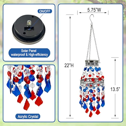 4th of July Decorations Outdoor,Patriotic Hanging Solar Lanterns Outdoor Chandelier,2 Tier Acrylic Crystal Wind Chimes for Outside,Paito,Porch,Yard - color: 4th of July