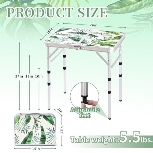 Folding Camping Table 2ft Portable Pinic Table Adjustable Height Small Card Table Aluminum Foldable Lightweight with Carry Handle for Outdoor Indoor Hiking Camp BBQ Beach (Monstera Palm Leaves) - color: Monstera Palm Leaves, size: 24"l X 16"w X 24"h