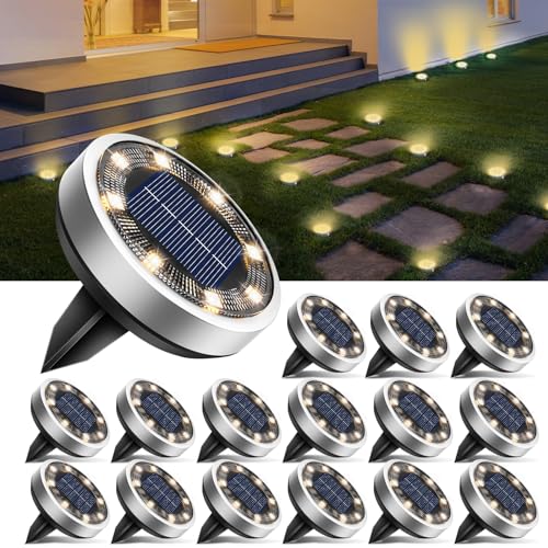 btfarm 16 Pack Solar Lights Outdoor, 8 LED Solar Ground Lights IP65 Waterproof Flat Solar Disc Light, Pathway Lights for Garden Lawn Patio Yard Path Landscape, Warm White - color: Warm White, size: 16 Pack