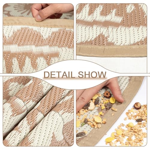 Capslpad 6x6 Floral Outdoor Rug for Patio Clearance Reversible Mat Round Portable Plastic Straw Carpet Waterproof Boho Indoor Outside Area Rugs for RV Camping Picnic Balcony Beach Deck, Light Beige - color: Light Beige, size: 6' (Round)