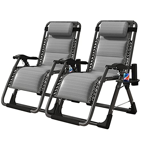 NAIZEA Padded Zero Gravity Chair, Cooling Fabric Folding Outdoor Lounge Chairs, Adjustable Reclining Camping Chairs with Cup Holder, Ergonomic Patio Lawn Chair for Balcony Beach Deck Yard - color: Ice Silk Gray, style: Zero Gravity Chair 2 Pack