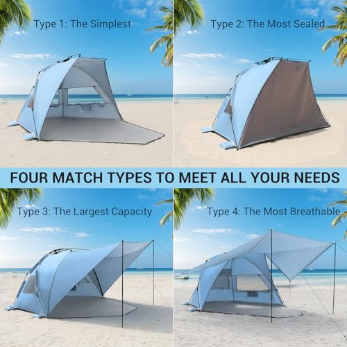 Elegear CumbreX™ Beach Tent with 360° Removable Canopy, 4-6 Person Pop Up Sun Shade Shelter, UPF 50+ Automated Installation Double Silver Coating Portable Lightweight Beach Cabana for Beach/Outdoor - color: Sky Blue