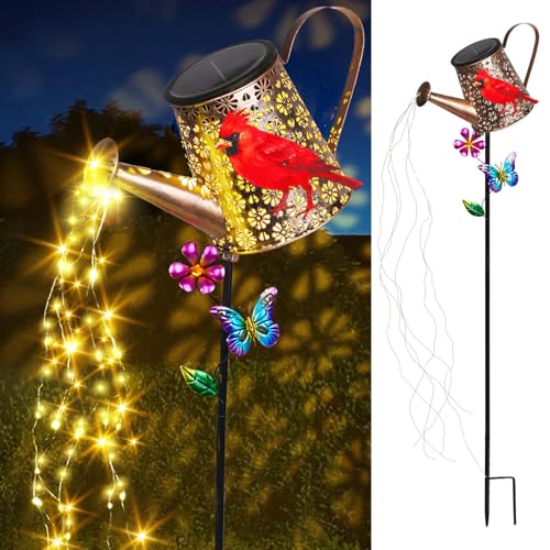 Solar Watering Can with Lights Outdoor Garden, 41in Large Red Cardinal Garden Stake Lights, Waterproof Decoration for Yard Lawn Pathway, Gifts for Mom Grandma Women Birthday Gardening Gift - color: Cardinal-Red