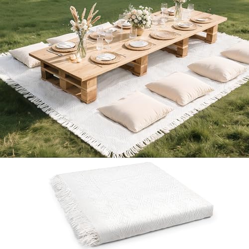 102 x 71 Extra Large White Outdoor Picnic Blanket, Woven Cotton Yarn Oversize Portable Blanket with Fringe for Camping, Lawn or Wedding Photoshoot. Indoor Bohemia Decorations, Machine Washable - size: 5'11" x 8'6" (Square)