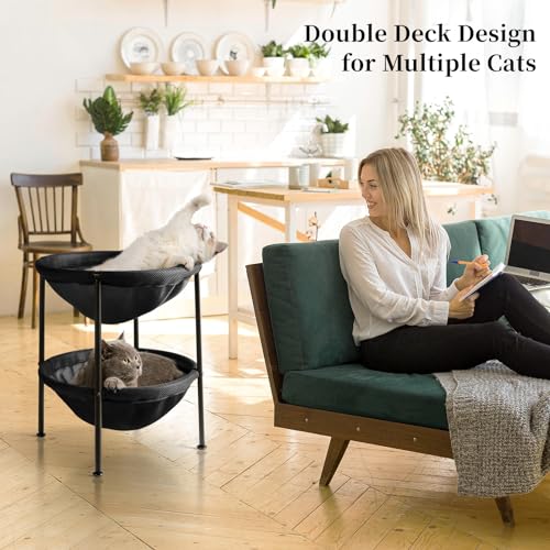 JUNSPOW Double Cat Bed Black, Breathable Pet Bed for 2 Cats with 4 Adjustable Feet & Anti-Slip Mats, Easy Assembly Cat Hammock for Multi-cat Household, Indoors & Outdoors, 22.8 in x18.7 in x 18.7 in - color: Black, size: 18.7"L x 18.7"W x 22.8"Th (Mesh)