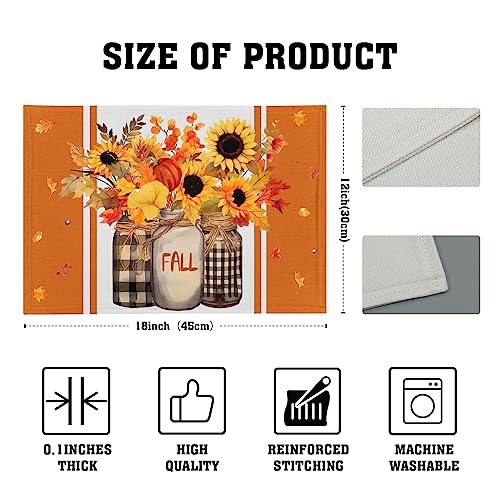 Sunflower Fall Placemats Set of 4, Linen Buffalo Check Plaid Autumn Flower Leaves Table Place Mats for Farmhouse Holiday Harvest Thanksgiving Kitchen Dining Party Decor 12x18 Inch - color: Fall Sunflower
