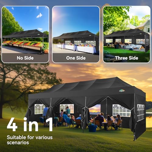 COBIZI 10x30 Heavy Duty Pop Up Canopy Tent with 8 Sidewalls Thicken Frame, Commercial Easy Up Outdoor Wedding Party Tents, All Season Waterproof Windproof with Stakes Sandbags Ropes Roller Bag, Black - color: Black, size: 10x30