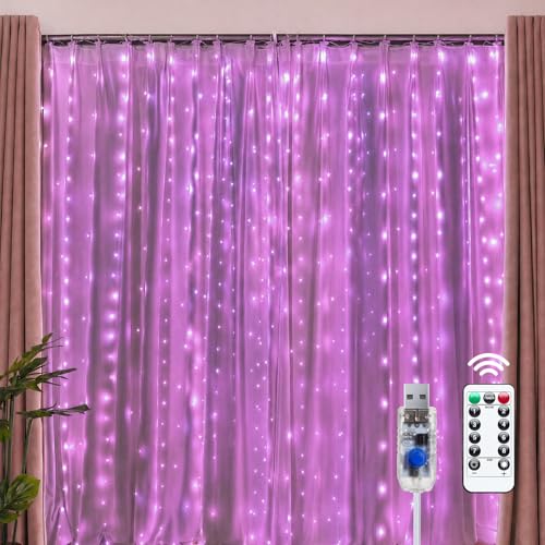 Brightown 300 LED Pink Fairy Curtain Lights, 9.8ft x 9.8ft String Lights, USB Plug in 8 Lighting Modes Christmas String Hanging Lights with Remote for Bedroom Indoor Outdoor Party Xmas Pink 1 Pack - color: Pink, size: 1 Pack-300 LED