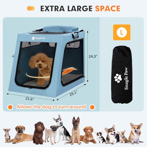 Snagle Paw Portable Dog Crate for Car Travel, Collapsible Large Dog Travel Crate with Metal Frame & 3-Door Mesh Windows, Secures in Trunk/Backseat, Soft-Sided Kennel Carrier for Medium Large Dogs-L - size: 29.1"L x 21.6"W x 24.3"H