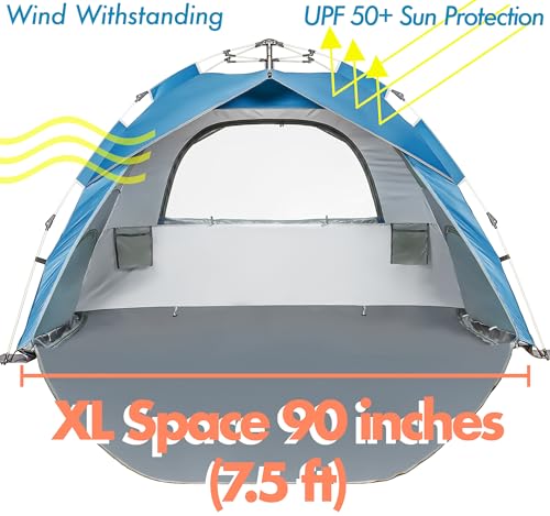 Beach Tent for Family with Kids Pop Up Beach Sun Shade Tent with UPF 50+ UV Protection, Removable Floor Zippered Privacy & Ventilation Sun Shelter Family 3 to 4 Person - color: blue