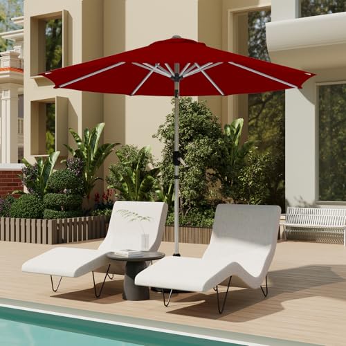 9FT Aluminum Outdoor Patio Umbrella, Fade-Resistant Market Umbrella with Push Button Tilt Function, 8 Sturdy All-Aluminum Ribs for Gardens, Patios, Backyards & Pools - color: Burgundy, size: 9FT-1Tier (Aluminum Umbrella)