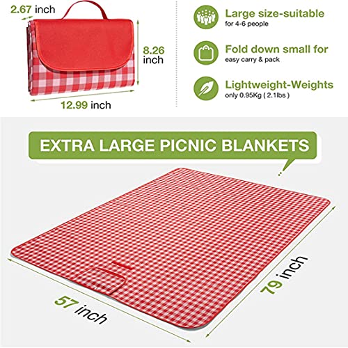 PUPOPIK Outdoor Picnic Blanket, Foldable Waterproof Sand Beach Mat in Large 80x60in for Beach Camping Hiking Travel Family Concerts Portable Beach Blankets (Red) - color: Red, size: 5' x 6'8"