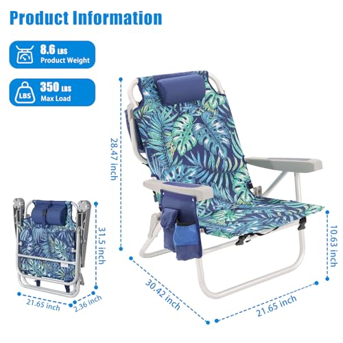 SUNNYFEEL Low Beach Chair, 5-Position Lay Flat Reclining, Backpack Portable Folding Chair with Cooler Bag & Cup Holder, Heavy Duty 350 LBS, Compact for Beach, Camping, Travel - color: Blue Rainforest, size: 1-pack