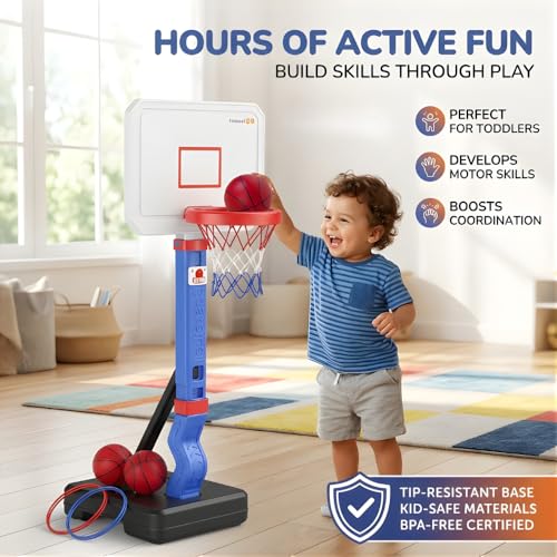 Toddler Basketball Hoop with Ring Toss Game, 2-in-1 Adjustable (2.5–5.5 Ft) Indoor & Outdoor Kids Basketball Set with Mini Balls, Rings, Pump & Stable Base Sports Toy for Boy & Girl Age 1-5
