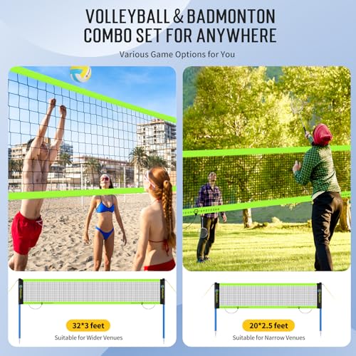 Outdoor Volleyball & Badminton Combo Net Set for Backyard, Beach with 2 Nets, Adjustable Poles, 4 Aluminum Rackets, PU Volleyball, Portable Carry Bag - color: Black