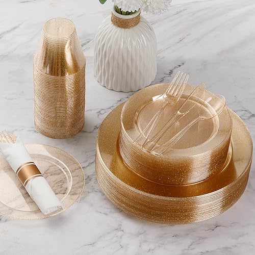 Goodluck 350 Piece Gold Glitter Plastic Dinnerware Set for 50 Guests, Disposable Plates for Party, Include: 50 Dinner Plates, 50 Dessert Plates, 50 Rolled Napkins with Silverware, 50 Cups - color: Gold Glitter, style: 350 Piece (50 guests)