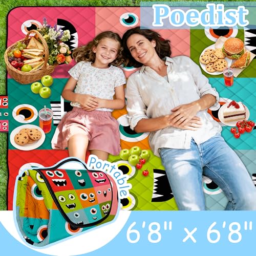 Extra Large Picnic Blanket Waterproof,80"x 80"Foldable Machine Washable Beach Blankets,Outdoor Blanket for 6-8 Adults,Picnic Mat Suitable for Indoor Crawling,Park Beach,Camping,Hiking,Travel (Face） - color: Orange Smiley, size: 6'8" x 6'8" (Square)