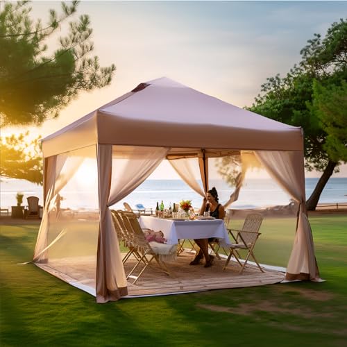 PHI VILLA 10 x 10 Pop Up Canopy Tent with Netting, Instant Gazebo, Ez up Screen House Room with Carry Bag, Height Adjustable, for Outdoor, Garden, Patio,Brown - color: Brown, size: 10x10 with Netting