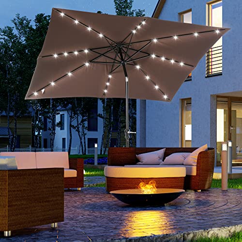 Outsunny 9' x 7' Solar Umbrella, LED Lighted Patio Umbrella for Table or Base with Tilt & Crank, Outdoor Umbrella for Garden, Deck, Backyard, Pool, Beach - color: Brown