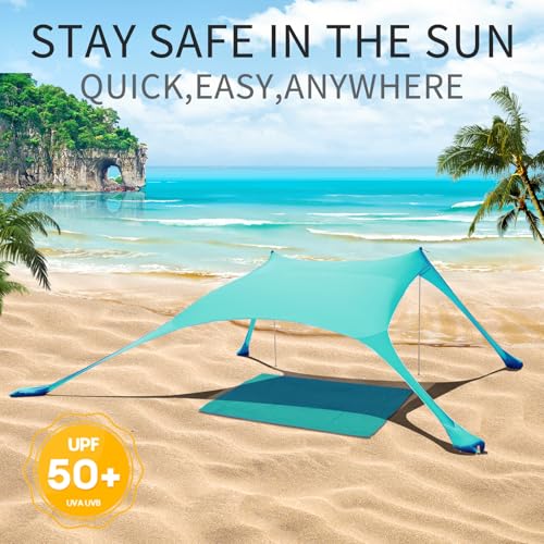 7×7 FT Beach Tent Sun Shelter UPF50+ UV Protection, Outdoor Canopy Tent Sun Shade with 2 Poles for Camping, Beach, Fishing, Backyard and Picnics Turquoise - color: Turquoise