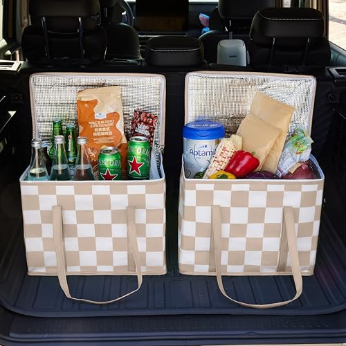 Ohocut Checkered Insulated Grocery Bags 2 Pack, Checkerboard Cooler Shopping Bags for Groceries, Insulated Bags for Food Delivery - color: Beige