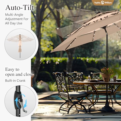 Sophia & William 10ft Patio Umbrellas 3-Tier Umbrella Outdoor Patio Umbrellas with Lights Vented Top 24 LED lights Adjustable Tilt for Pool Garden Backyard, Mixed Beige - color: Mixed Beige