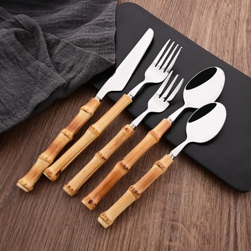 Dessert Spoon Set with Bamboo Handle, 8-Piece Stainless Steel Shiny Silver Dessert Spoon, Natural Bamboo Cutlery, Creative Design Small Spoons for Home Restaurant, 6.65 inch, Handcrafted - color: 8-Piece Dessert Spoon