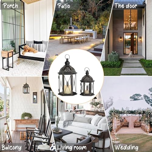 Large Lantern Decorative Outdoor & Indoor, Set of 2 (15’’&10’’) Metal Candle Lanterns Decor, Vintage Hanging Candle Holder for Front Porch Patio Wedding Farmhouse Home, Spring Decoration - color: Black / 14.9''h+10.4''h