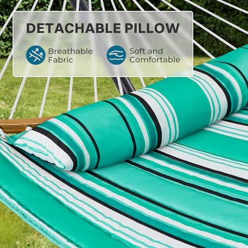 SUPERJARE Hammock with Stand, 2 Person Heavy Duty Hammock with Padded Cotton, Detachable Pillow & Strong Curved-Bar & Portable Carrying Bag, Perfect for Outdoor & Indoor, Mint Green with Stripes - color: Mint Green With Stripes
