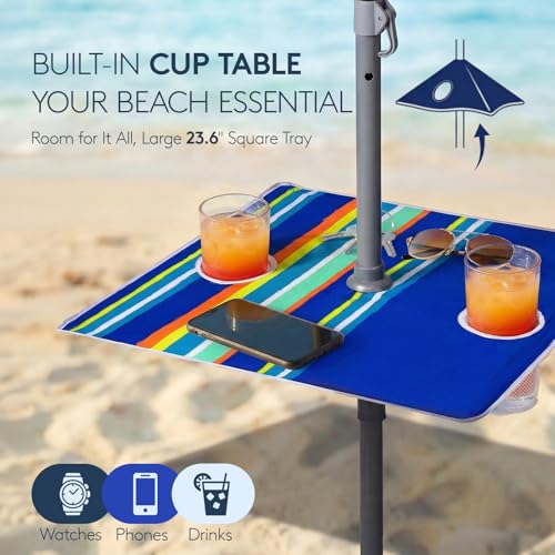 PASAMIC 7ft Beach Umbrella for Sand Featuring a 23'' Built-in Table with Sand Anchor & Tilt, UPF 50+ Protection Beach Umbrella for Heavy Duty Wind with Bag and Hook, Dark Blue Stripes（Random pattern） - color: Dark Blue Stripes, size: 7FT with Table