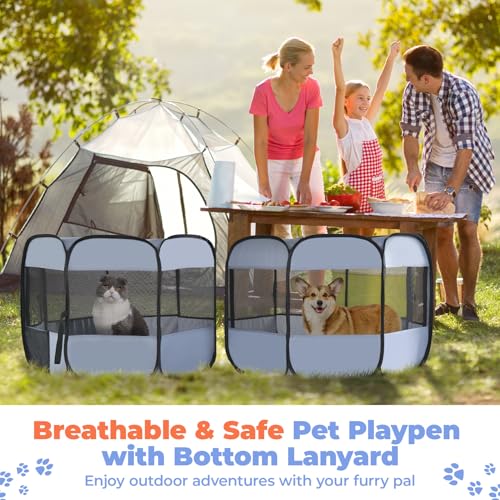 2-in-1 XLarge Cat Playpen, Detachable into 2 Separate Playpens with Additional 2 Doors, Portable Dog Playpen Cat Tent Enclosure for Kitten and Puppy Indoor Outdoor Use(L) - color: Grey, size: L, 83.5"L x 41.4"W x 32.3"H