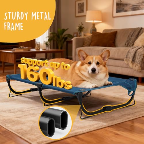 CANINE CANYON Daisy Cot, Medium Foldable Elevated Dog Bed, Portable Raised Outdoor Folding Dog Cot, Cooling, Chew Proof, Waterproof, Heavy Duty Up to 160 Lbs for Camping/Home, Dark Blue, 32"x 19"x6" - color: Blue, size: Medium
