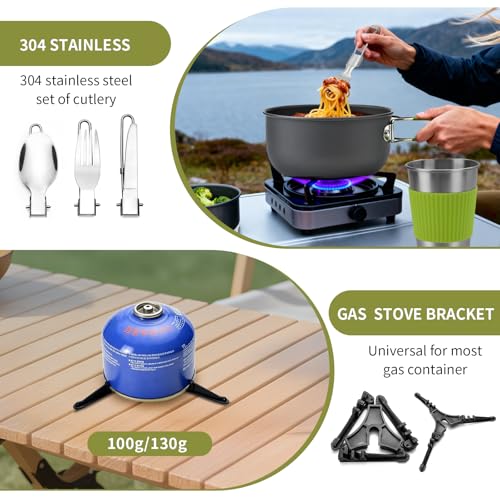 aiGear 8pcs Camping Cookware Mess Kit, Camping Pot and Pan Set with Mini Backpacking Stove, Stainless Steel Cup, Spork and Tank Bracket, Cooking Gear for Hiking Camping Outdoor Picnic - color: Green