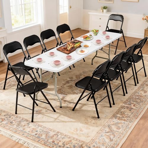 Elevon Folding Table Set with 10 Black Folding Chairs,8 Feet Heavy Duty Fold-in-Half Utility Table Sets for Picnic, Event, Training, Outdoor Activities, at Home and Commercial Use - size: 8 feet, style: With 10 Black Chair