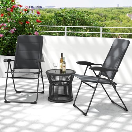 Tangkula Patio Chairs Set of 2, Folding Patio Dining Chairs with 7 Adjustable Backrest Positions, Outdoor Padded Lawn Chairs for Patio Garden Poolside Yard Beach, Support 300 lbs (2, Grey) - color: Grey