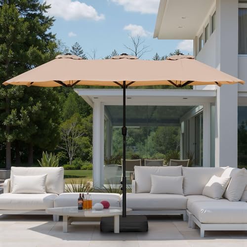 Shintenchi 13FT Large Patio Umbrella with Base, Outdoor Double-Sided Rectangular Shade with Crank Handle for Poolside Lawn Garden, Khaki - color: Khaki, size: 13FT