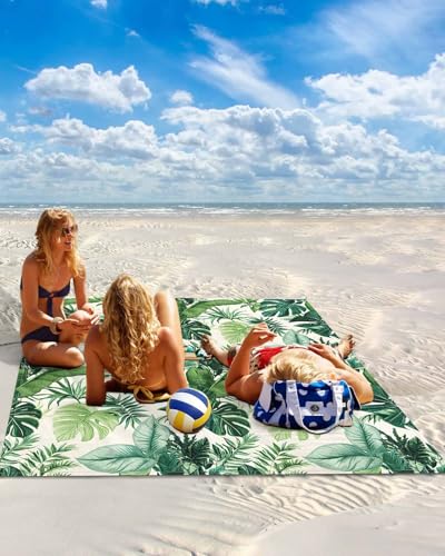 Summer Watercolor Green Palm Leaves Beach Blanket Waterproof Sandproof Outdoor Picnic Mat 118x108in Farmhouse Tropical Plant Lightweight Large Beaach Blankets with 4 Stake & 4 Corner Pockets - size: 118x108in