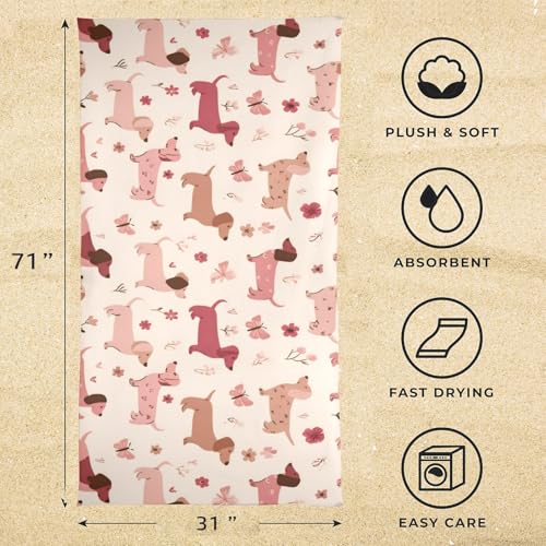 OTVEE Blossom Dachshund Pattern Beach Towel Oversized 31x71in Extra Large Pool Towel Lightweight Soft Absorbant Sand Free Fast Dry Beach Blankets Bath Towel for Travel Swim Pool Yoga Gym Camping