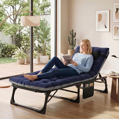 ABORON 3-in-1 Folding Patio Lounge Chair, 440LB Heavy-Duty Tri-Fold Guest Bed with Plush Cotton Cushion, No Assembly Adjustable Recliner for Office Nap, Patio Sunbathing, Poolside & Camping - color: Xtreme Deepwater