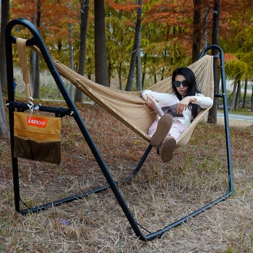 Lazy Daze Hammocks Handwoven Mayan Hammock with Heavy Duty Steel Stand, 10.5 FT Soft Rope Double Hammock for Patio Outside, 550 lbs Weight Capacity, Tan - color: Tan