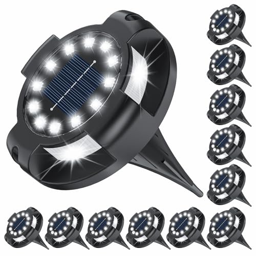 Solar Pathway Lights Outdoor 12 Packs, Bright White 16 LEDs Solar Ground Lights Walkway Lights with Side Light, Waterproof Solar Deck Light for Yard Walkway Garden Poolside Driveway Decorations - color: White