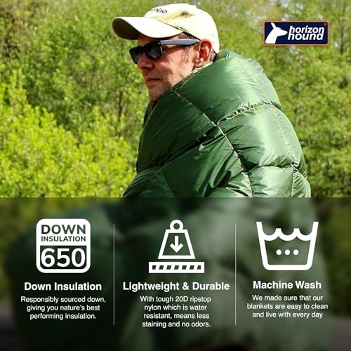 Horizon Hound Down Camping Blanket 650 Fill Power - Ultralight Backpacking Quilt (1lb 6oz) Warm & Water-Resistant 20D Nylon Shell for Outdoors, Camping, Hiking, Travel, & Stadium - Packable - color: Green