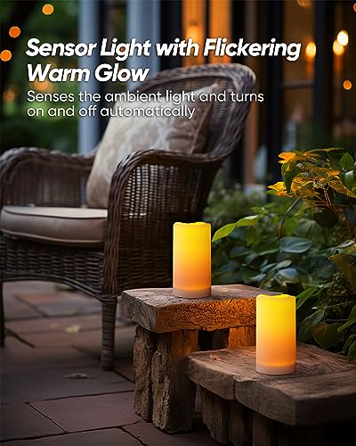 Homemory Solar Powered Candles Outdoor Waterproof, Flickering Glow, Rechargeable Candles, Solar Powered Candles for Outside, Lanterns, Sensor Only, Dusk to Dawn, Set of 3 - size: D3"xH4"5"6", 3 Pcs, Plastic